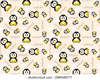penguin cartoon character seamless pattern on cream background. Pixel style