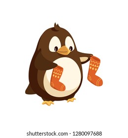 Penguin cartoon character with socks in wings vector isolated on white North Pole bird with Santa stockings, New Year and Christmas animal, cartoon style