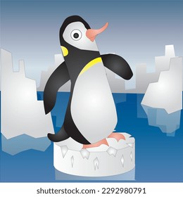 Penguin cartoon Character Standing on Ice Rock Vector Illustration