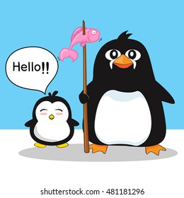 Penguin Cartoon Character and sun, Vector Cartoon 10