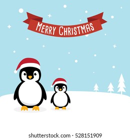 Penguin cartoon character wearing Santa Claus hat . Flat design Vector illustration for Merry Christmas and Happy New Year invitation card.