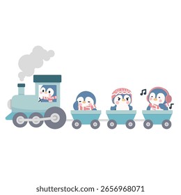 Personajes de dibujos animados de pingüino montando un animal de tren