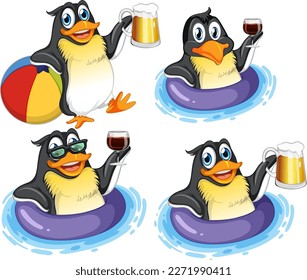 Penguin Cartoon Characters in Summer Theme illustration