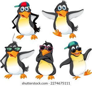 Penguin Cartoon Characters in Summer Theme illustration