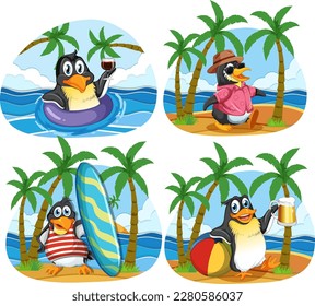 Penguin Cartoon Characters in Summer Theme illustration