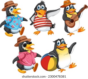 Penguin Cartoon Characters in Summer Theme illustration