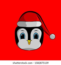 the penguin cartoon christmas with santa claus cap logo design on red background