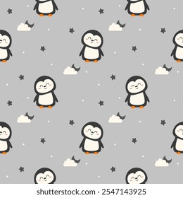 Penguin cartoon so cute. On cloud moon star snow gray background. Pattern seamless vector illustration. 