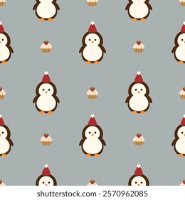 Penguin cartoon so cute. On cupcake background. Pattern seamless vector illustration.