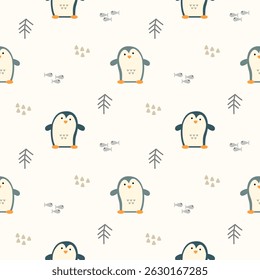 Penguin cartoon so cute. On tree fish background. Pattern seamless vector illustration. 
