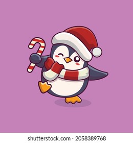 penguin cartoon dancing with candy cane and christmas hat cute penguin holding candy cane christmas