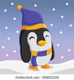 Penguin Cartoon Flat Illustration in snowy day.