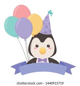 Penguin cartoon with happy birthday icon design