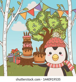 Penguin cartoon with happy birthday icon design