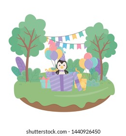 Penguin cartoon with happy birthday icon design