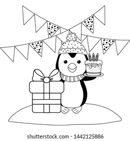Penguin cartoon with happy birthday icon design
