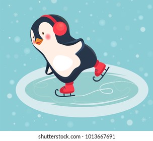 Penguin cartoon. Penguin ice skates on ice skating rink in the winter vector illustration.