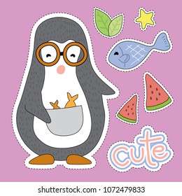 penguin cartoon illustration , animal sticker and many objects set