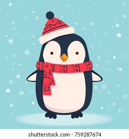 Penguin cartoon illustration. Penguin in scarf and hat