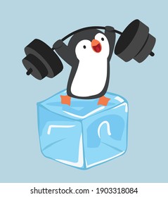 penguin cartoon lifting weights vector