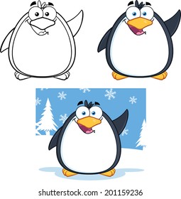 Penguin Cartoon Mascot Character Poses 2. Vector Collection Set