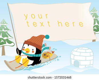 penguin cartoon on sled carrying a large banner in snow land