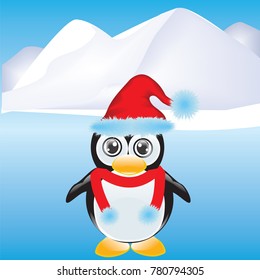 Penguin cartoon in a Santa Claus hat on a background of an iceberg - art vector illustration