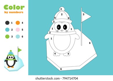 Penguin in cartoon style, color by number, education paper game for the development of children, coloring page, kids preschool activity, printable worksheet, vector illustration