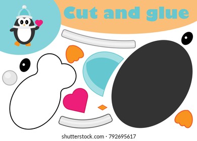 Penguin cartoon style, education paper game for the development of preschool children, use scissors and glue to create the applique, cut parts of the image and glue on the paper, vector illustration
