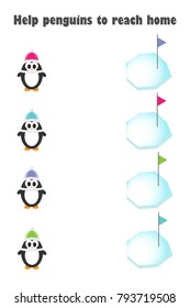 Penguin cartoon style, help to reach home, color of flag on ice floe the same color of hat, education paper game for the development of preschool children, printable worksheet, vector illustration
