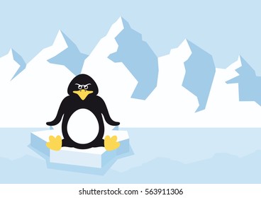 Penguin cartoon vector. Angry penguin sitting on ice floe. Vector illustration
