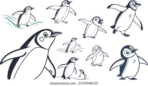 penguin, cartoon, vector, cute, illustration, animal, art, bird, character, background, graphic, drawing, design, antarctica, funny, isolated, fun, doodle, arctic, clipart, polar, wildlife, cold