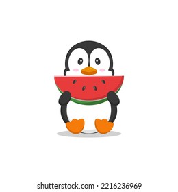 Penguin cartoon vector eating watermelon isolated on white background