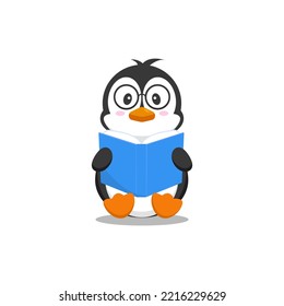 Penguin cartoon vector with glasses reading a book isolated on white background