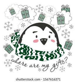 Penguin cartoon vector illustration. Christmas penguin thinks about gifts. The inscription where are my gifts?
Winter illustration. Waiting for presents.
