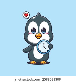 Penguin cartoon vector illustration with clock
Design element for poster, brochure, web, mascot, sticker, logo and icon.