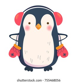 Penguin cartoon vector illustration. Penguin with headphones