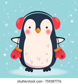 Penguin cartoon vector illustration. Penguin with headphones