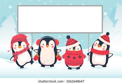 Penguin cartoon vector illustration. Penguins holding banner