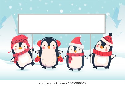 Penguin Cartoon Vector Illustration. Penguins Holding Banner