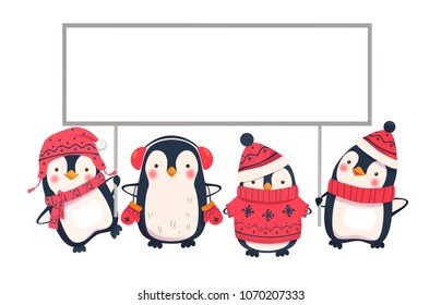 Penguin cartoon vector illustration. Penguins holding banner