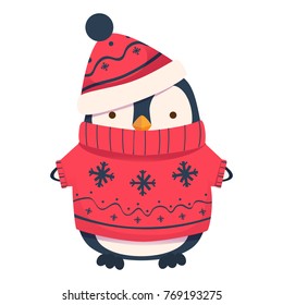 Penguin cartoon vector illustration. Penguin in sweater and hat