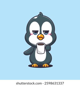 Penguin cartoon vector illustration is tired and sleepy holding coffee
Design element for poster, brochure, web, mascot, sticker, logo and icon.