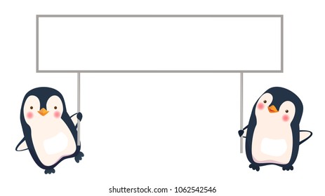 Penguin cartoon vector illustration. Two penguins holding banner