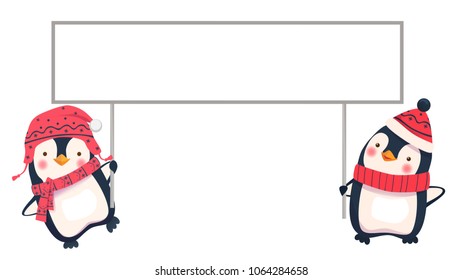 Penguin cartoon vector illustration. Two penguins holding banner