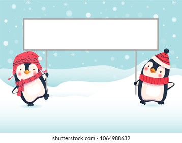Penguin cartoon vector illustration. Two penguins holding banner