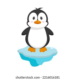 Pingüino de dibujos animados sobre un cubo de hielo aislado sobre fondo blanco
