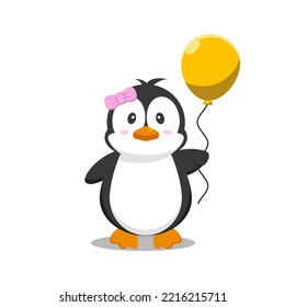 Penguin cartoon vector with yellow balloon and pink ribbon isolated on white background