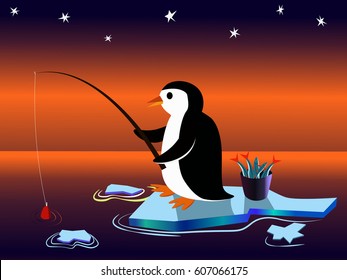 Penguin catches fish on an ice floe
