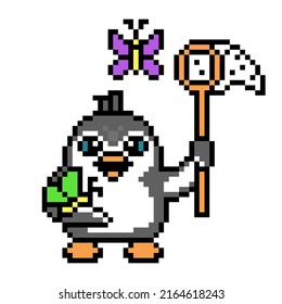 Penguin catching butterflies with a butterfly net, cute pixel art animal character isolated on white background. Old school retro 80s, 90s 8 bit slot machine, computer, video game graphics.